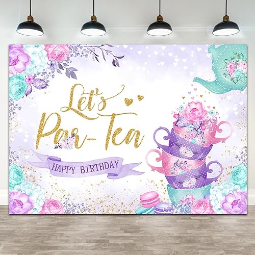 Lofaris Fondo de feliz cumpleaños Let's Par-Tea de 7 x 5 pies, flores florales moradas, tetera y taza de té, té de fondo, baby shower, compromiso,