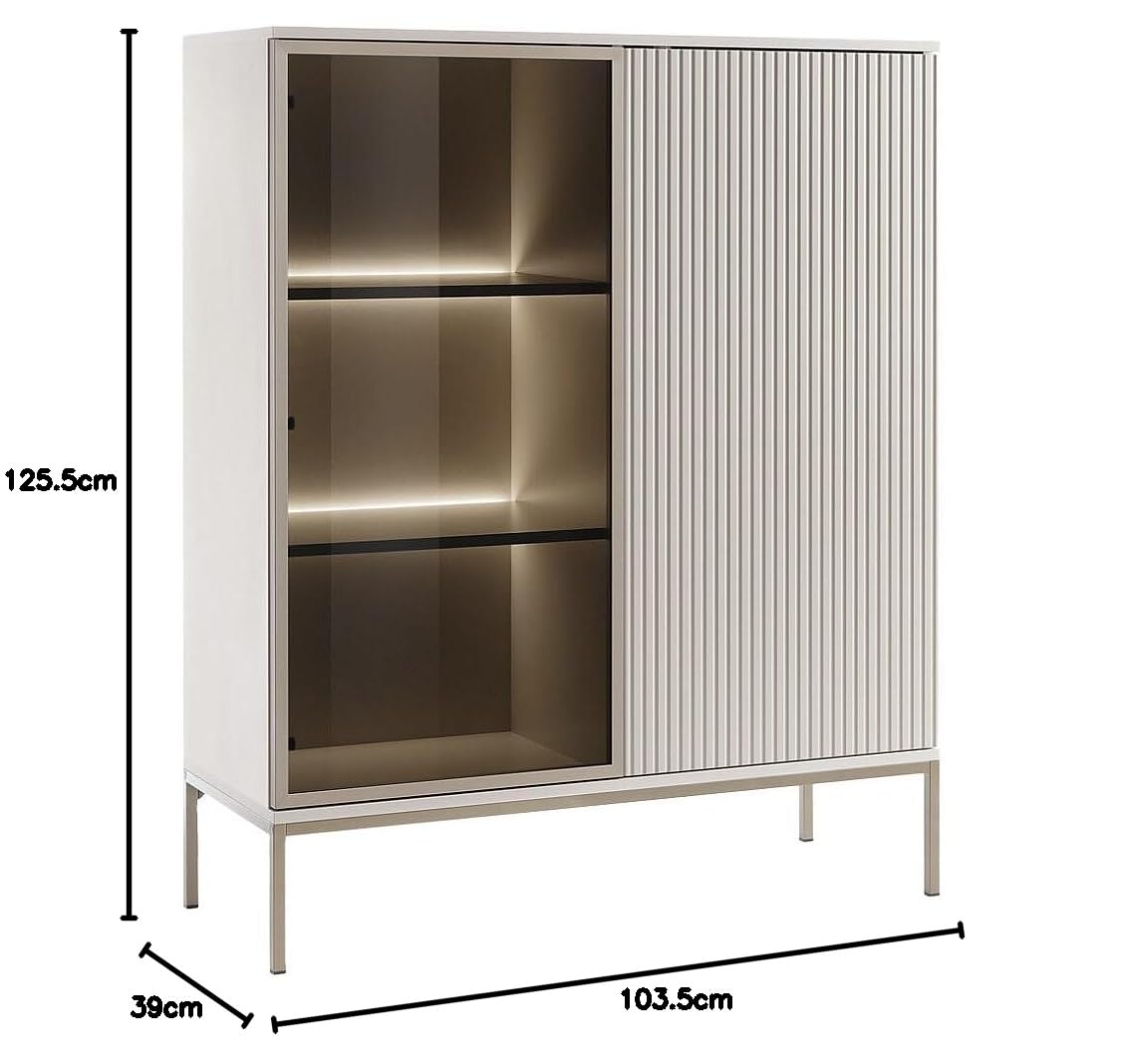Vente-unique-Vitrina 2 Puertas con Luces LED en MDF y Vidrio Ahumado - Beige y Negro - Ovila