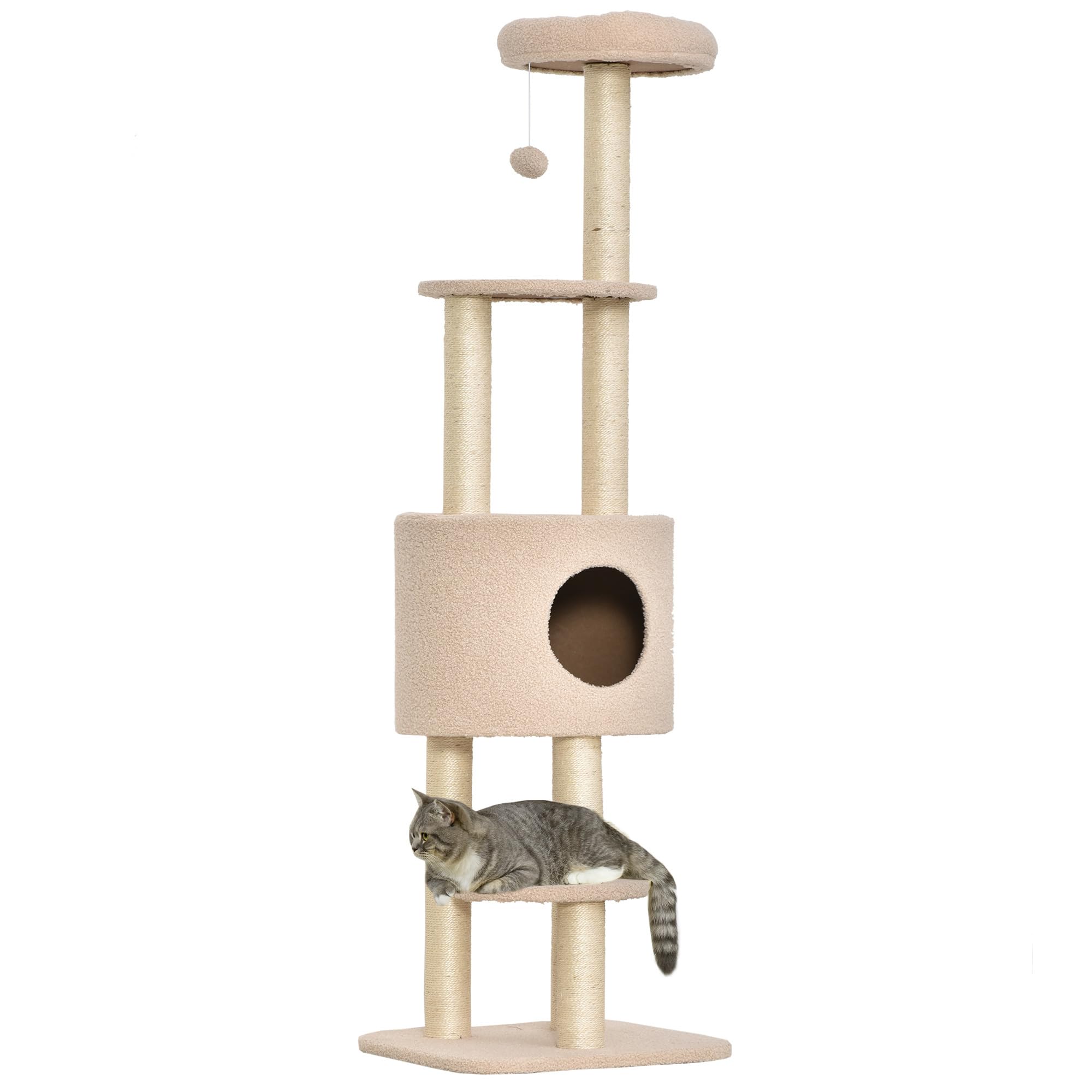 PawHut Albero Tiragraffi Robusto per Gatti con 5 Livelli, Cuccia, Casetta, Giochi e Corda Sisal, Beige, Max 30kg