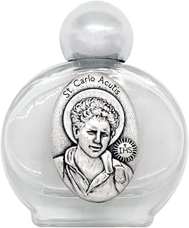 Glass Saint Carlo Acutis Holy Water Bottle and Prayer Card | Small Bottle with Twist-On Cap and Metal Plaque | 2.25" Tall | Patron Saint of The Internet | Made in Italy