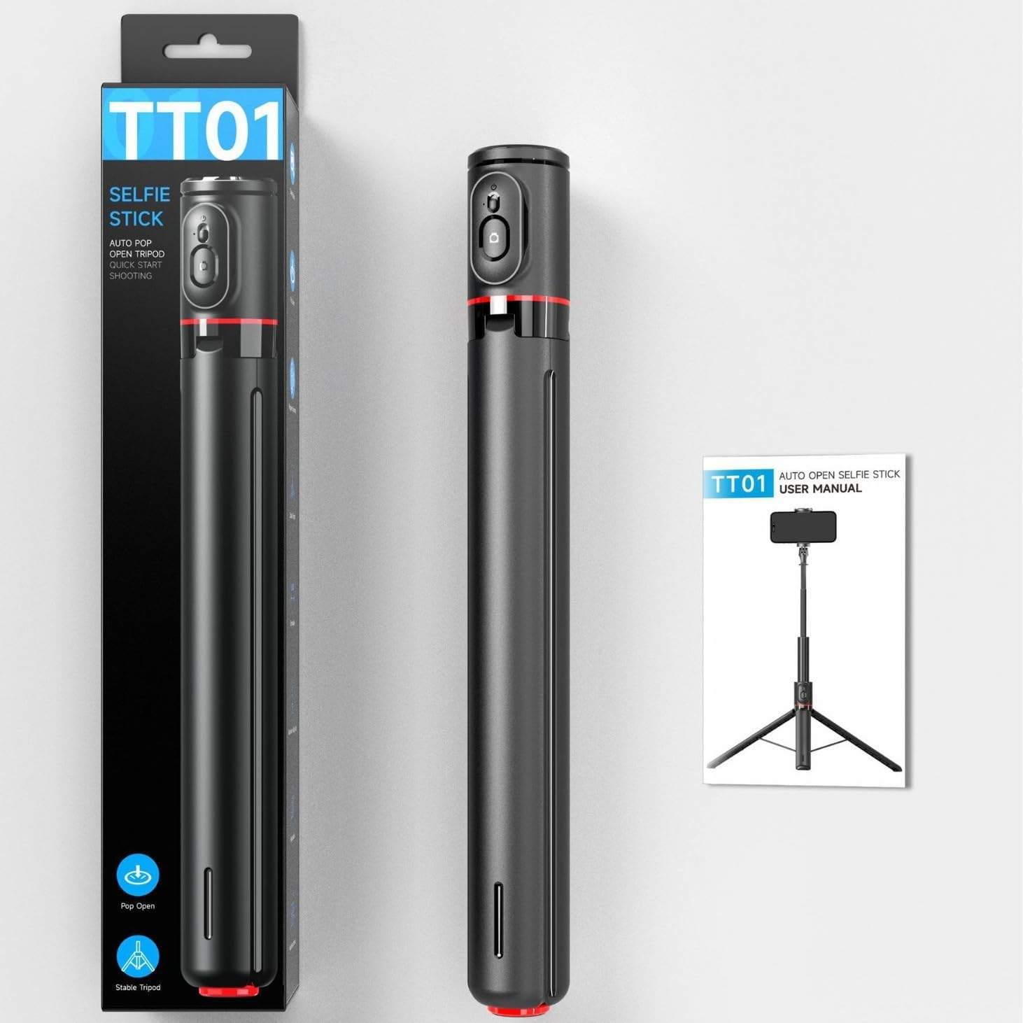 TT01 Selfie Stick Tripod with packaging and user manual graphic
