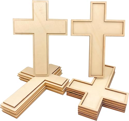 Miniatura 8 de Paquete de 12 cruces de madera sin terminar en capas de madera en blanco para manualidades, proyectos de bricolaje, forma clásica con cuerda..