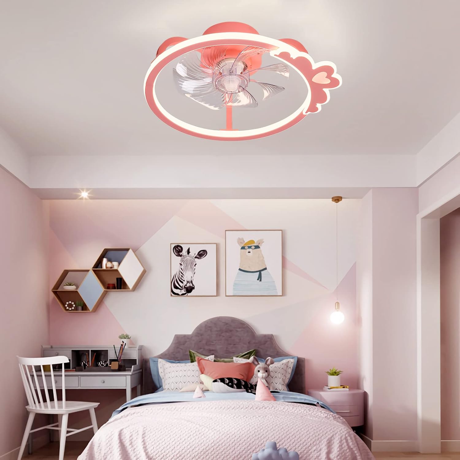 YUEGOO Ceiling Fans with Lamps,Ceiling Fan Light with Remote Control Silent 3 Colors Dimmable Ceiling Fan with Led Lamp Dc Reversible 6 Speed Winter Summer Mode Designer Chandelier/Pink/D
