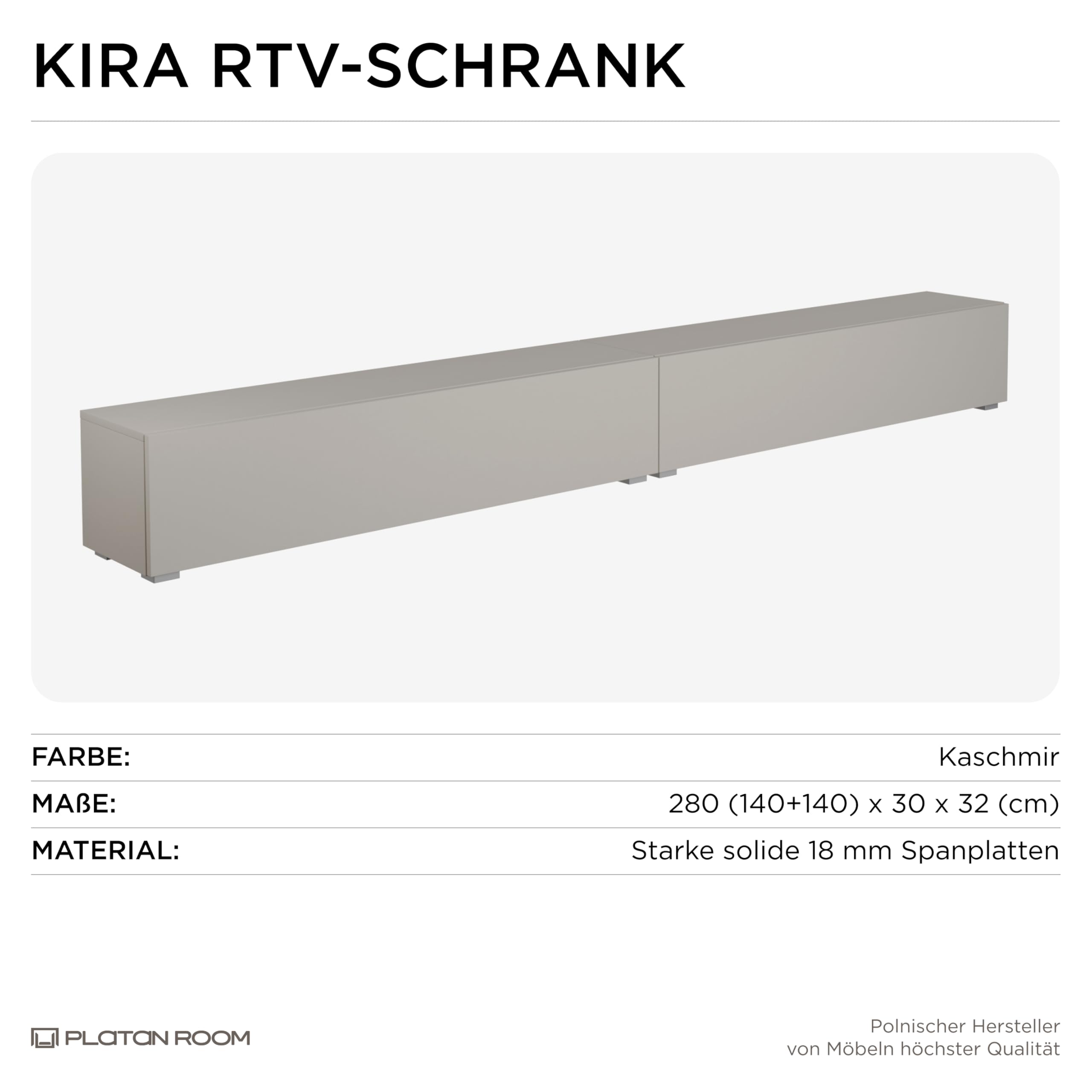 PLATAN ROOM Fernsehschrank TV-Lowboard 105/140 / 160/210 / 280 In Weiß Hängend Oder Stehend Hochglanz Matt (Kaschmir, 280 x 30 x 32)