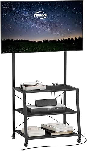 Miniatura 9 de HOOBRO - Soporte de TV móvil con soporte y toma de corriente hasta 55 pulgadas, centro de entretenimiento de esquina, soporte de TV pequeño con 3