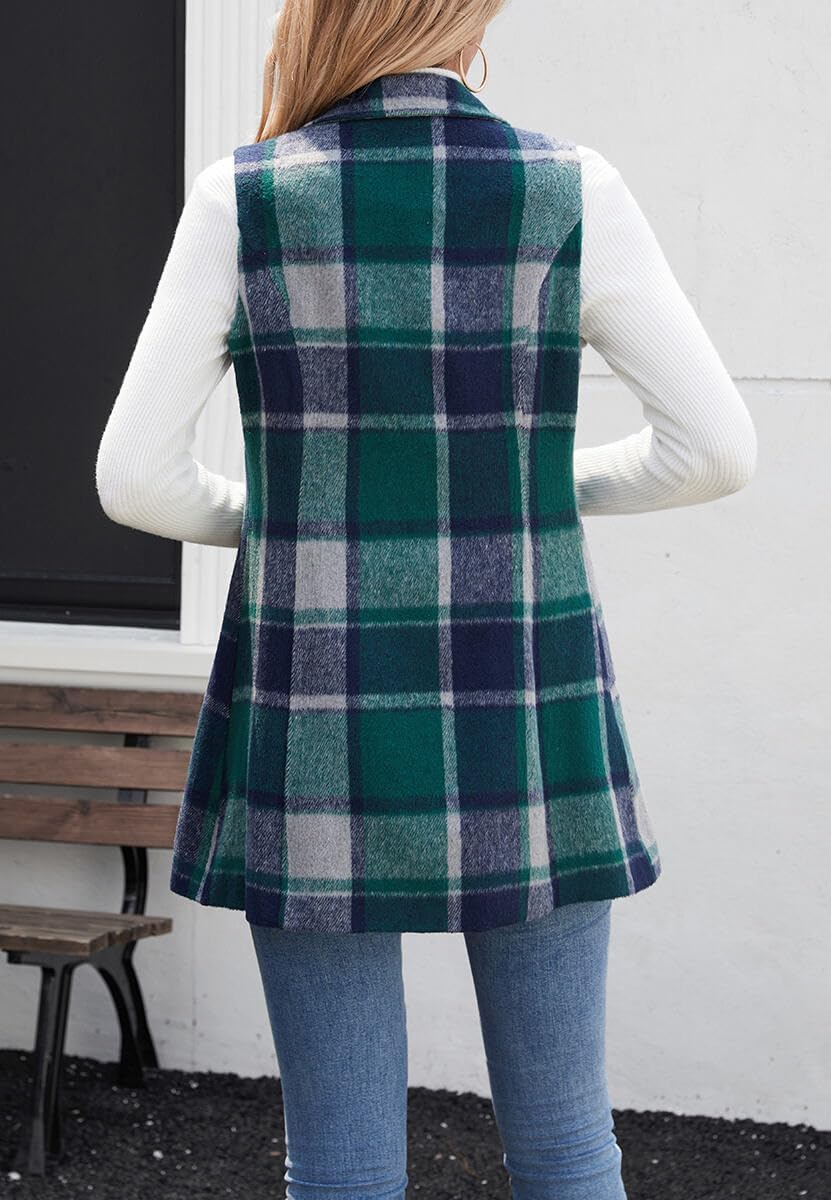 olrain Women Flannel Plaid Sleeveless Blazer Vest Lapel Neck Button Down Long Jacket Outwear Coat With Pockets Fall Winter - Image 6