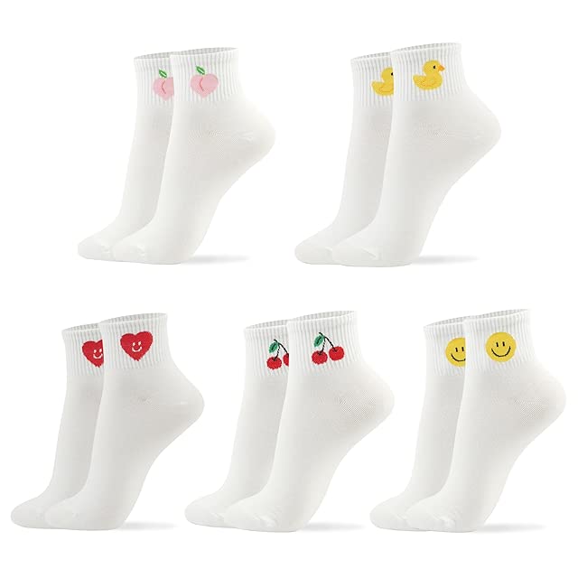 kikiya socks Women Ankle Socks | 4-6 Pairs Ruffle Dot Frilly Heart Design Cute Bear Fruit Emoji Print Low & Mid Cut Cotton Socks | US 6-8