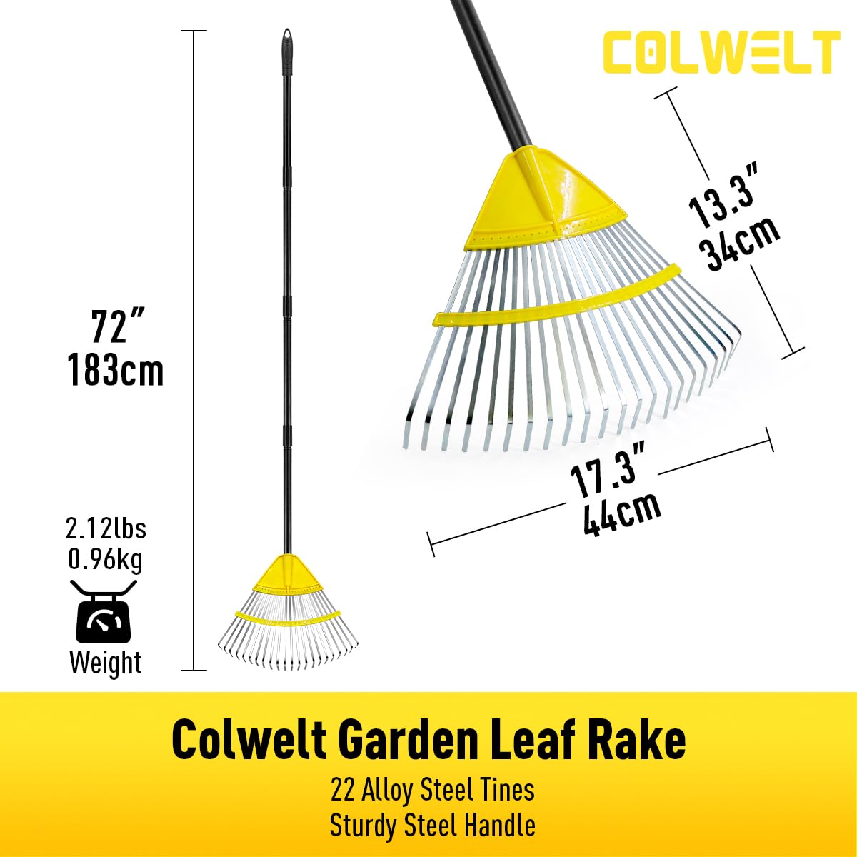 Colwelt Gartenrechen für Blätter, 183 cm, 22 Zinken, Rechen für die Gartenarbeit, mit 44 cm breitem Kopf, Laubbesen für Rasen mit langem Griff, Laubrechen für Strauch, Gras, Schmutz, Kiefernnadeln