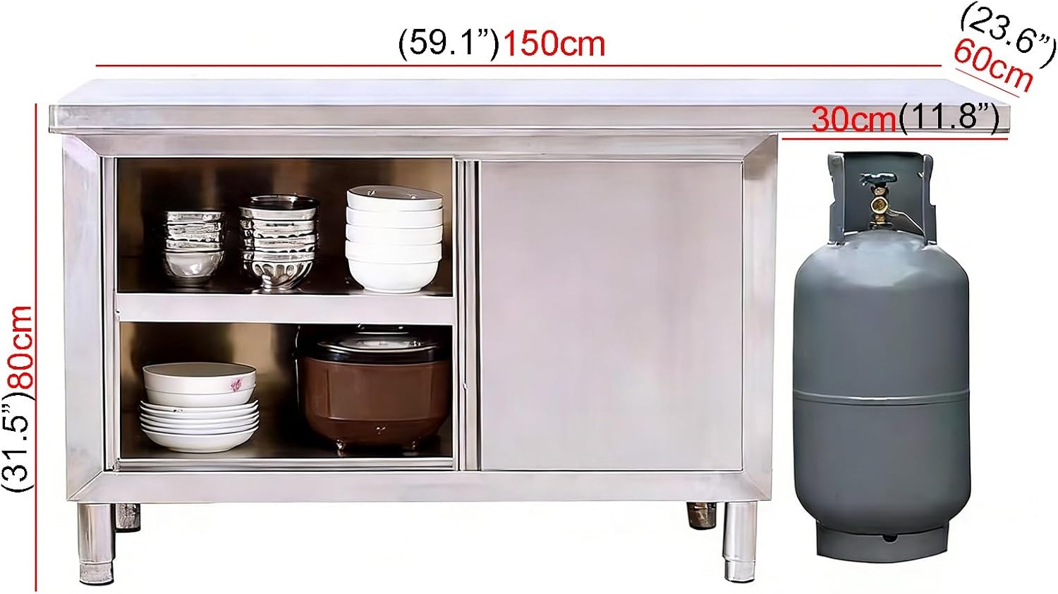 Stainless Steel Sliding Door Worktop Large Space Storage Worktable Kitchen Use Cutting Chopping Board Extended Tabletop Commercial Metal Prep Table Easy to Install(150x60x80cm)