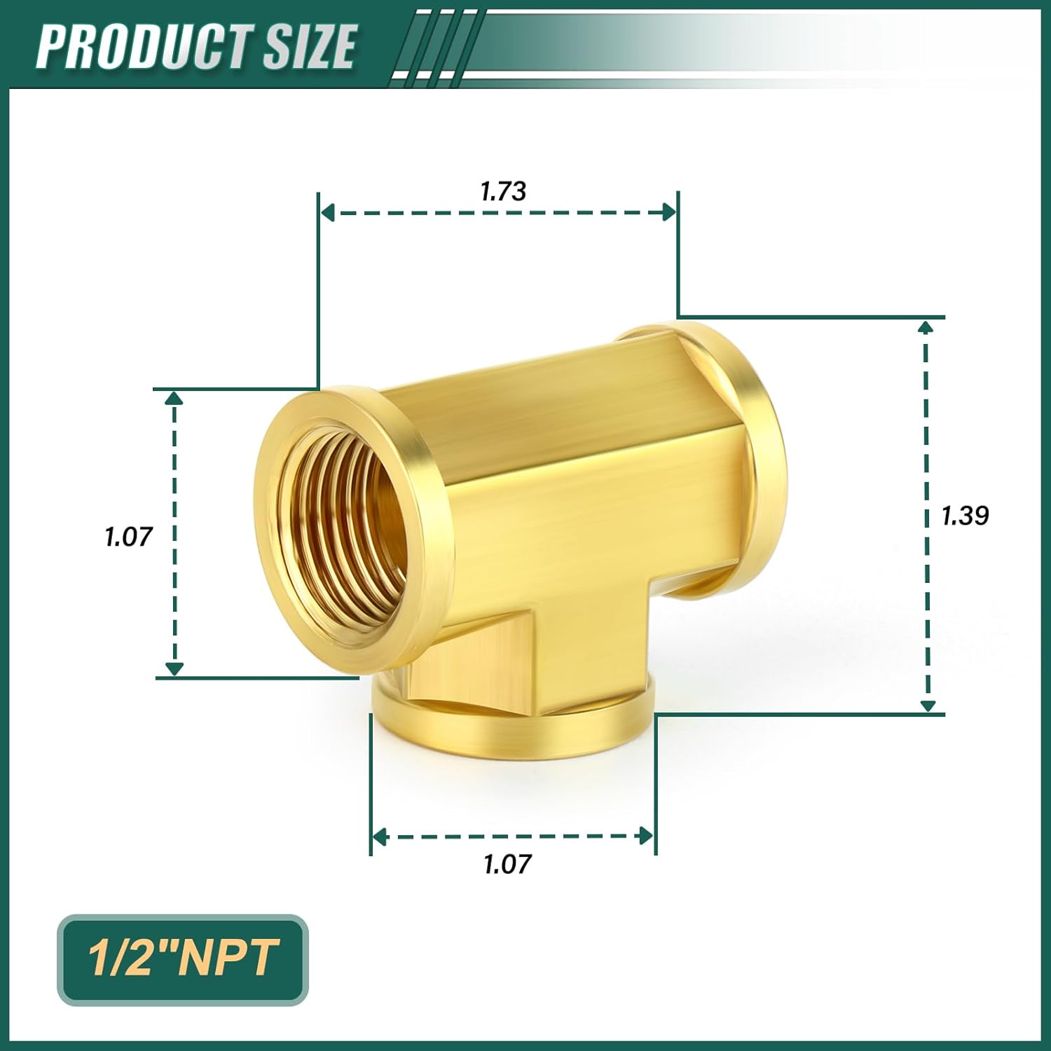 6PCS Brass 1/2" NPT Tee Fittings, Female Threaded T-Shaped 3 Way Cast Pipe Fitting for Air/Fuel/Water/Gas/Oil