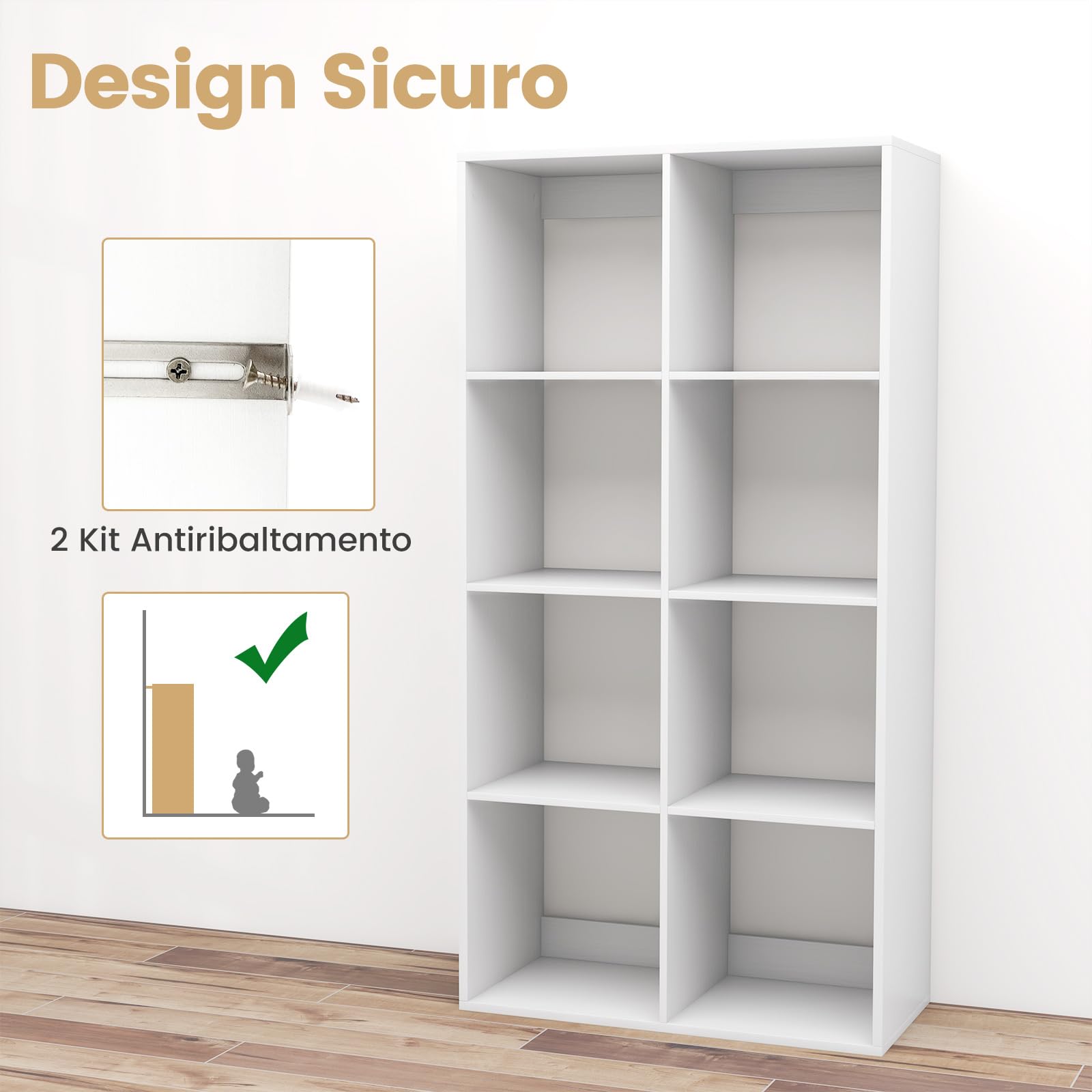 COSTWAY Libreria a 8 Cubi con Sbarra di Protezione e Kit Anti-Ribaltamento | Organizer a 4 Livelli Autonomo con Ripiani per Soggiorno, Camera da Letto, Studio, 69,5 x 33 x 137 cm