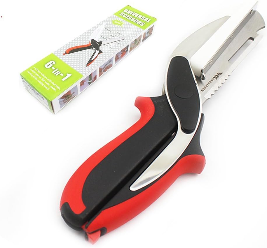 Premium Quality Stainless Steel Kitchen Scissors - Best Multi-Tool Shears Gift for Mom - 6 in 1 Universal Scissors Food Chopper - Knife with Cutting Board and Sharpener