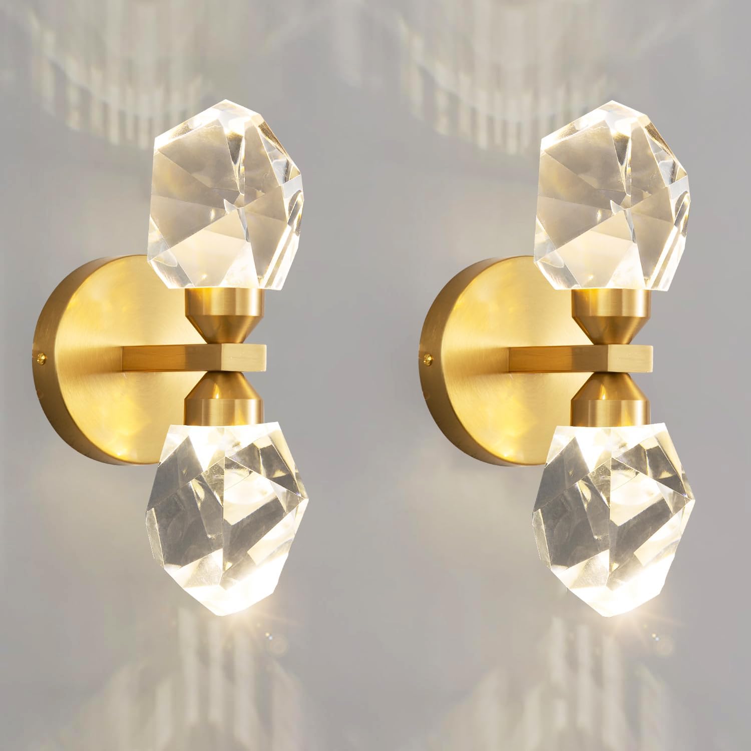 2 Packs Wall Sconces - Gold Modern Crystal Vanity Lighting for Dining Room, Bedroom, Living Room, Entryway, Bathroom - Wall Mount Lighting Fixture - Warm Light
