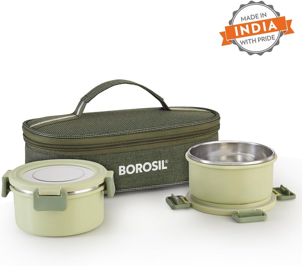 Borosil Glory Green Stainless Steel Lunchbox with Bag | 2 pcs Container Set (280 ml Each) | Microwavable Tiffin with Food Grade Steel | Leakproof & Dishwasher Safe | 1 Year Warranty | Horizontal