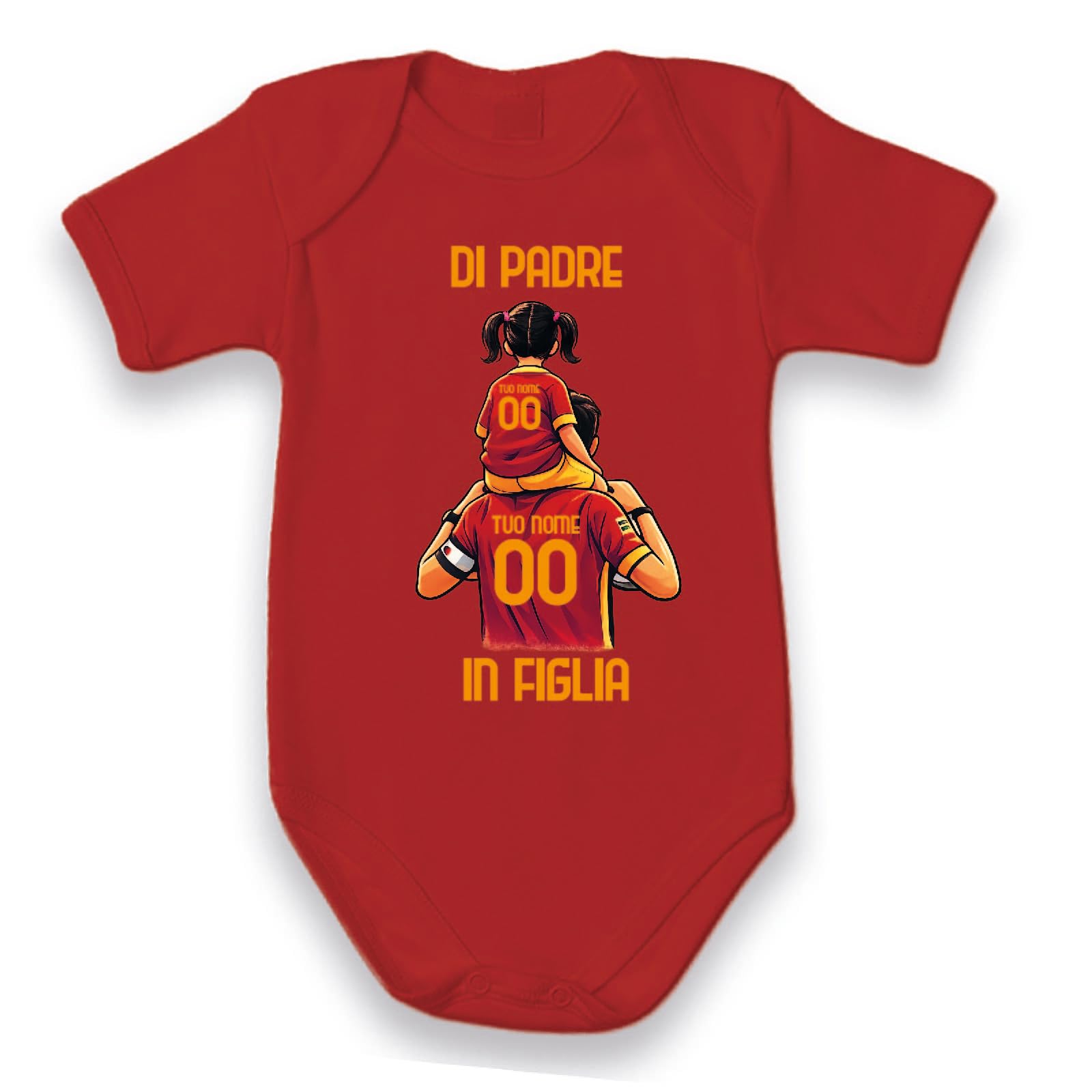 D&Vlab Body Tutina Bodino Neonato Bimba Bambini Divertenti DI PADRE IN FIGLIA Personalizzato con Nome in 100% Cotone per Papà Tifosi Calcio Squadre Ultras Roma Giallo Rossi