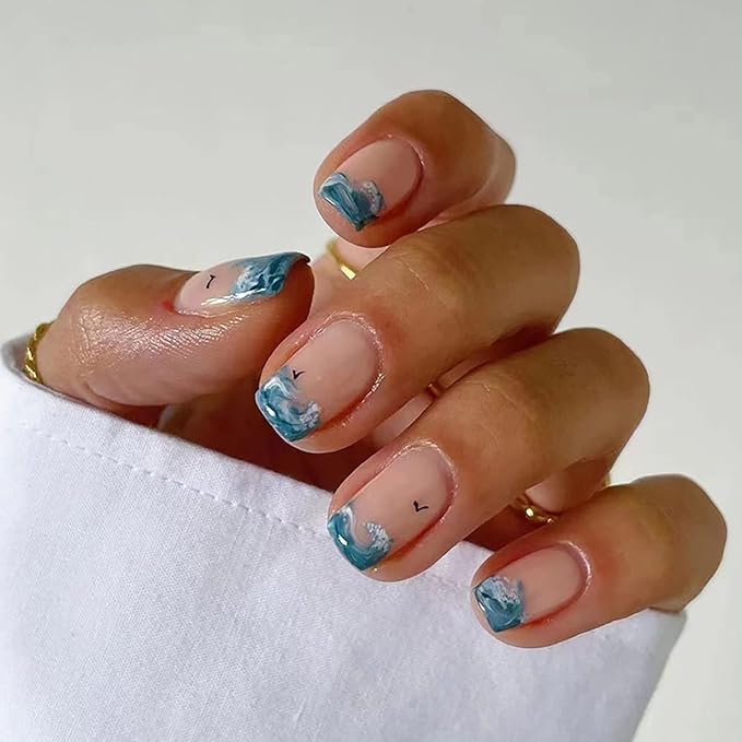 Summer Press on Nails Short Square French Tip Fake Nails