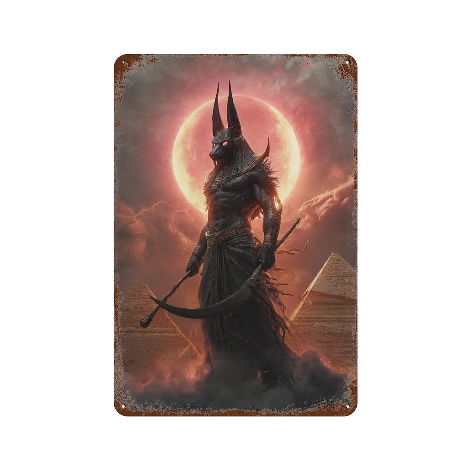 Egyptian God Anubis Art 11.8"x7.9" Rust Effect Tin Sign, Old School Wall Decor for Pub, Kitchen And Man Cave Decor