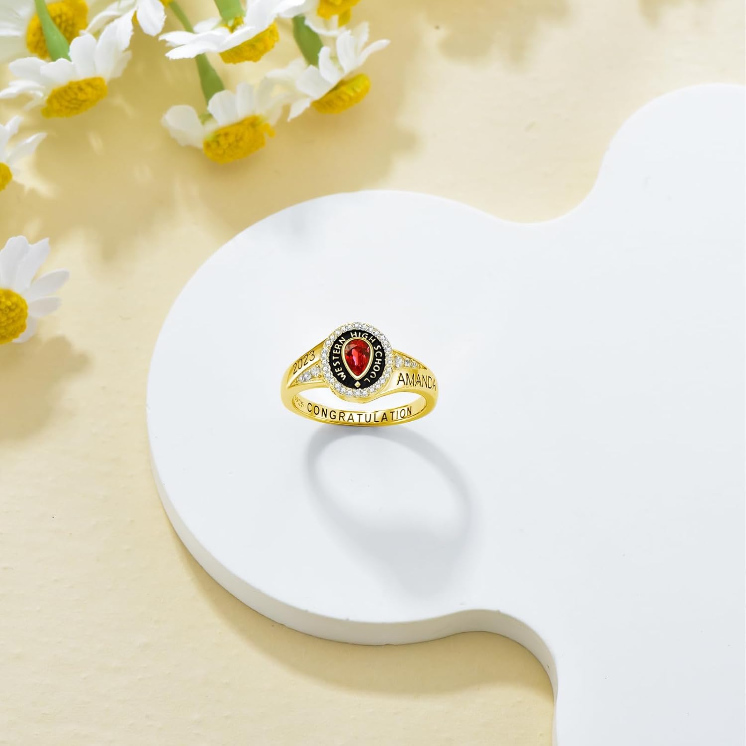 Class Ring for women 2024 College Ring High School Ring Graduation Gifts Sterling silver/10k 14k 18k Gold Teardrop Crystal Custom Class Ring for Women University Ring for Her Females