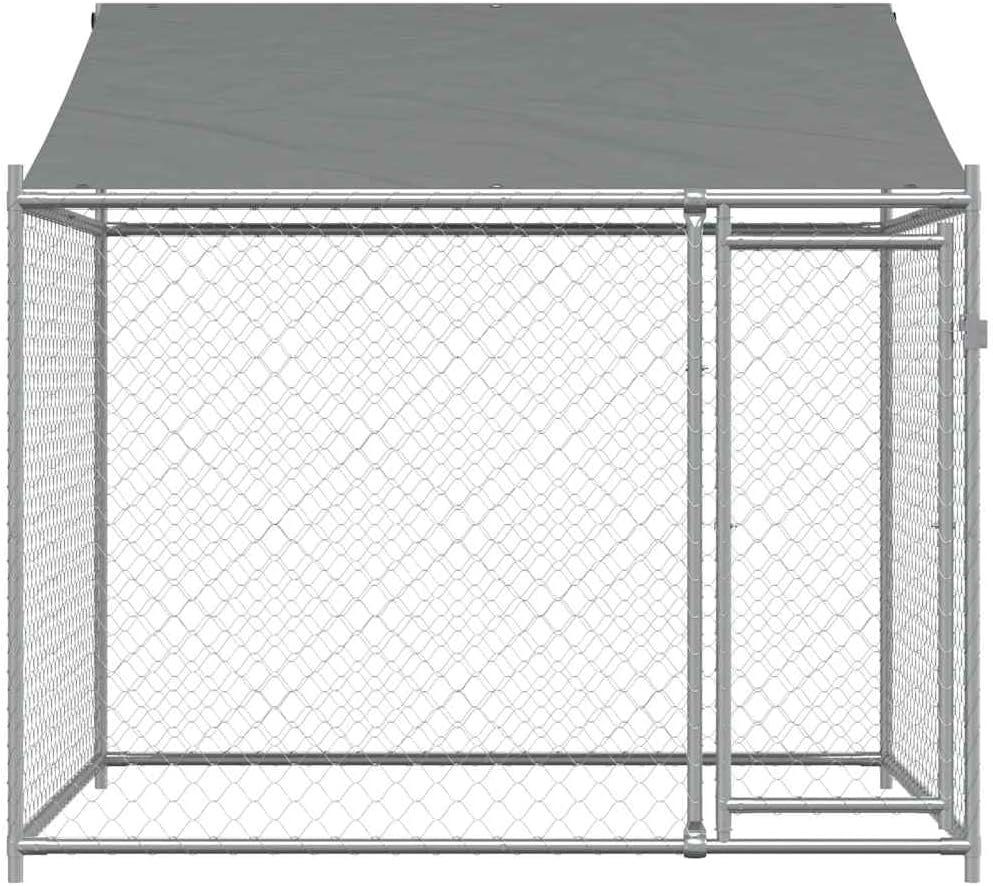 vidaXL Galvanized Steel Dog Cage with Roof - Outdoor Kennel for Exercise/Training, Lockable Door, Mesh Design, Gray - 6.6' Dimensions