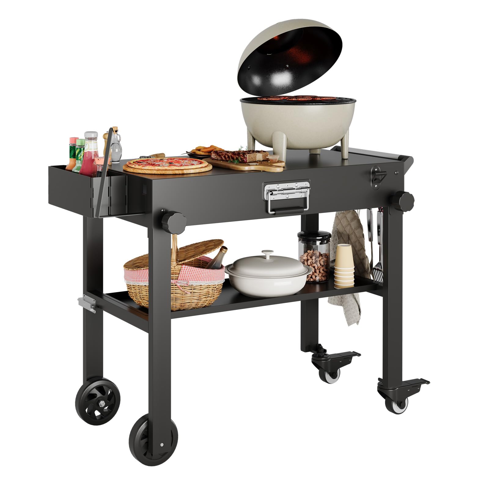 Garvee Składany wózek na grilla – grill do Blackstone Griddle, stół BBQ z tacą, wózek na kółkach i uchwytem na papier, stojak do grilla 17" lub 22", przenośny stół kempingowy