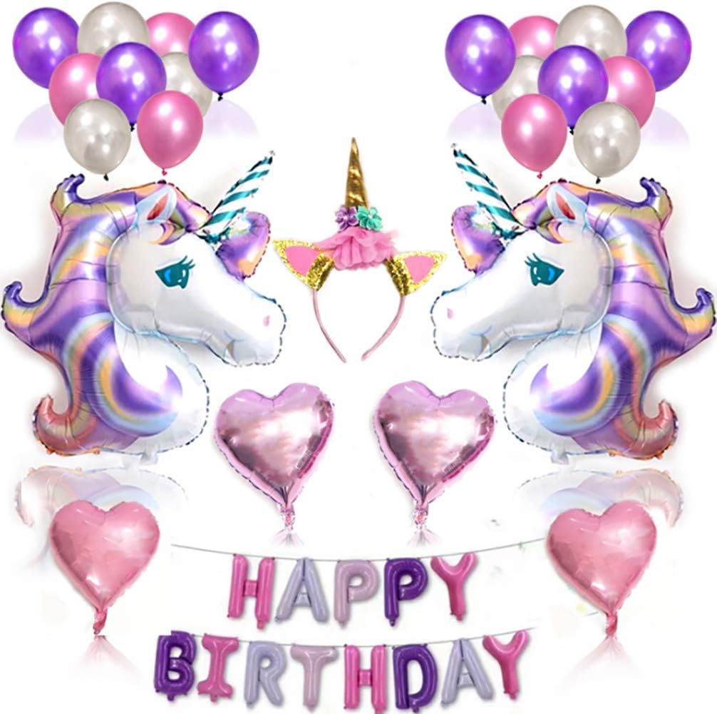 Unicorn Balloons Unicorn Party Decoration Happy Birthday Balloon Banner Unicorn Party Supplies Bunting Banner Pink Flowers Garland for Girls Kids Lovely Theme (Pink Purple)
