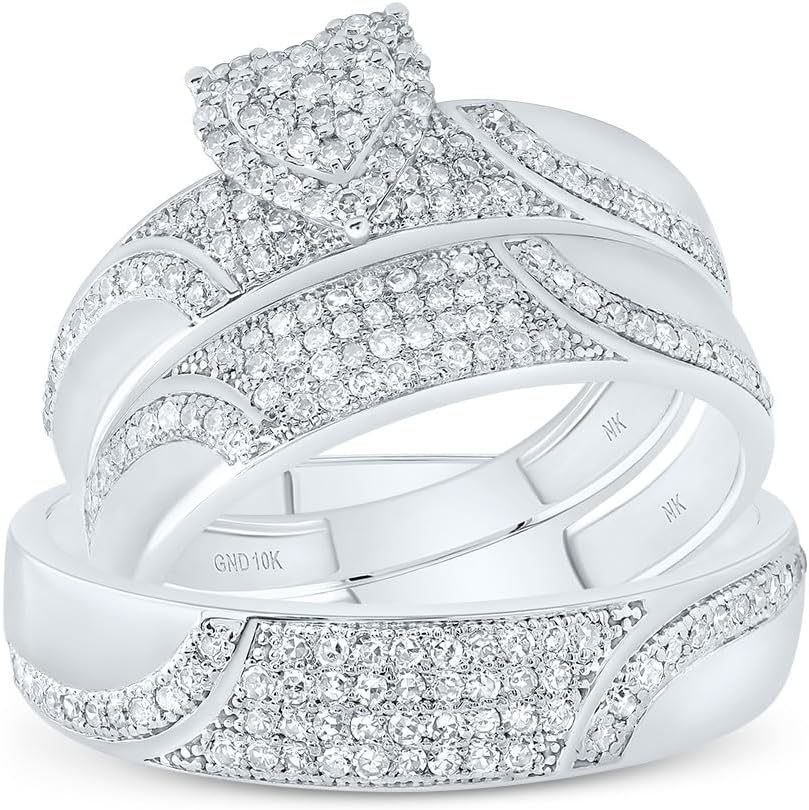 Jewels By Lux 10kt White Gold His & Hers 1/2 Cttw Natural Diamond Heart Bridal Wedding Ring Band Set, Women Size: 5-9, Men Size: 8-12