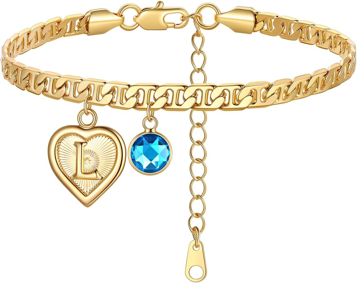 Custom4U Personalized Initial Ankle Bracelets for Women 14K Gold Plated Dainty CZ Birthstone Heart/Hexagon Letter Initial Anklets for Women Adjustable Silver/Gold Foot Chain Summer Beach Jewelry Gifts