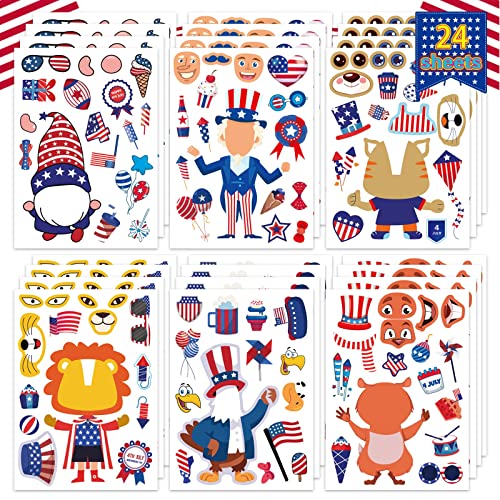 24 Sheets 4th of July Sticker, Make-a-face Sticker for Kids,...