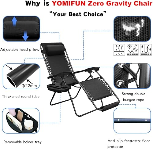 Miniatura 4 de YOMIFUN Juego de dos sillas de gravedad cero, silla reclinable plegable con almohada extraíble y mesa auxiliar, color negro