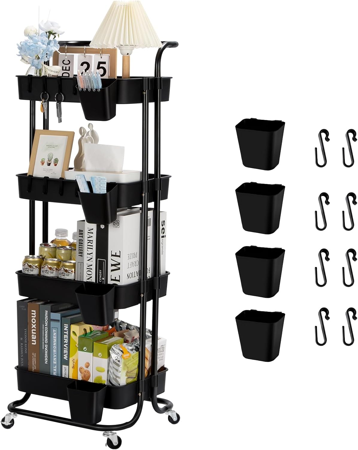bemece Storage Trolley on Wheels, 4 Tier Trolley with PP Draining