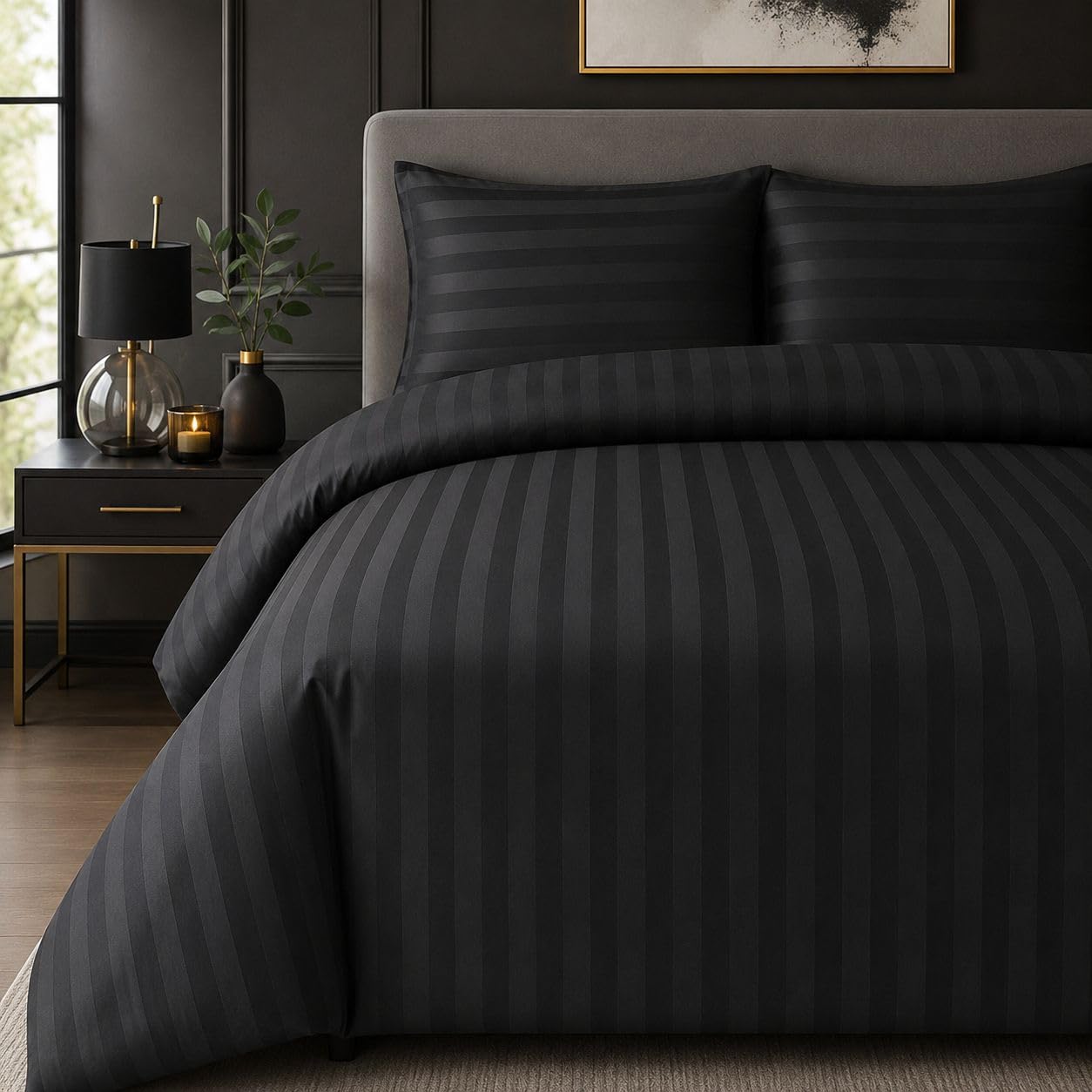 B&Q -  Satin Stripe Duvet Cover Sets King Black Bedding With Satin StripesKing Size Duvet Cover Sets & Pillowcases