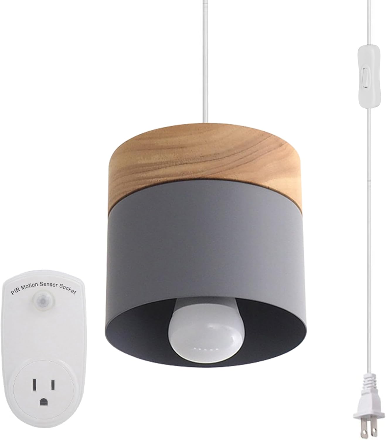 Motion Sensor Hanging Swag Lamp no Wiring Needed Portable Rubber Wood Pendant Light with 15ft Plug-in UL Button White Cord Macaron Yellow Lamp Iron Stoving Varnish Finished Lampshade,Customizable