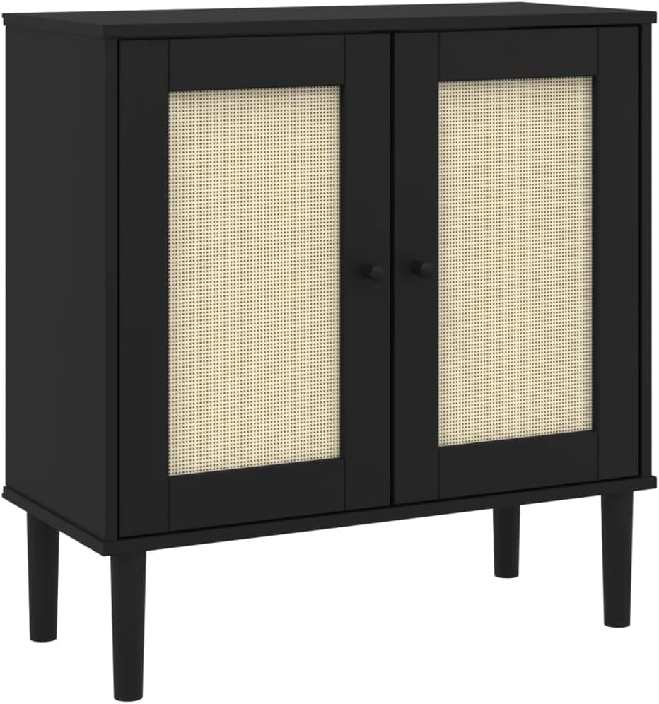 Modern Sideboard Black Solid Pine Wood Engineered Wood Poly Rattan Storage Unit with 2 Shelves 2 Compartments for Dining Room Living Room Hallway