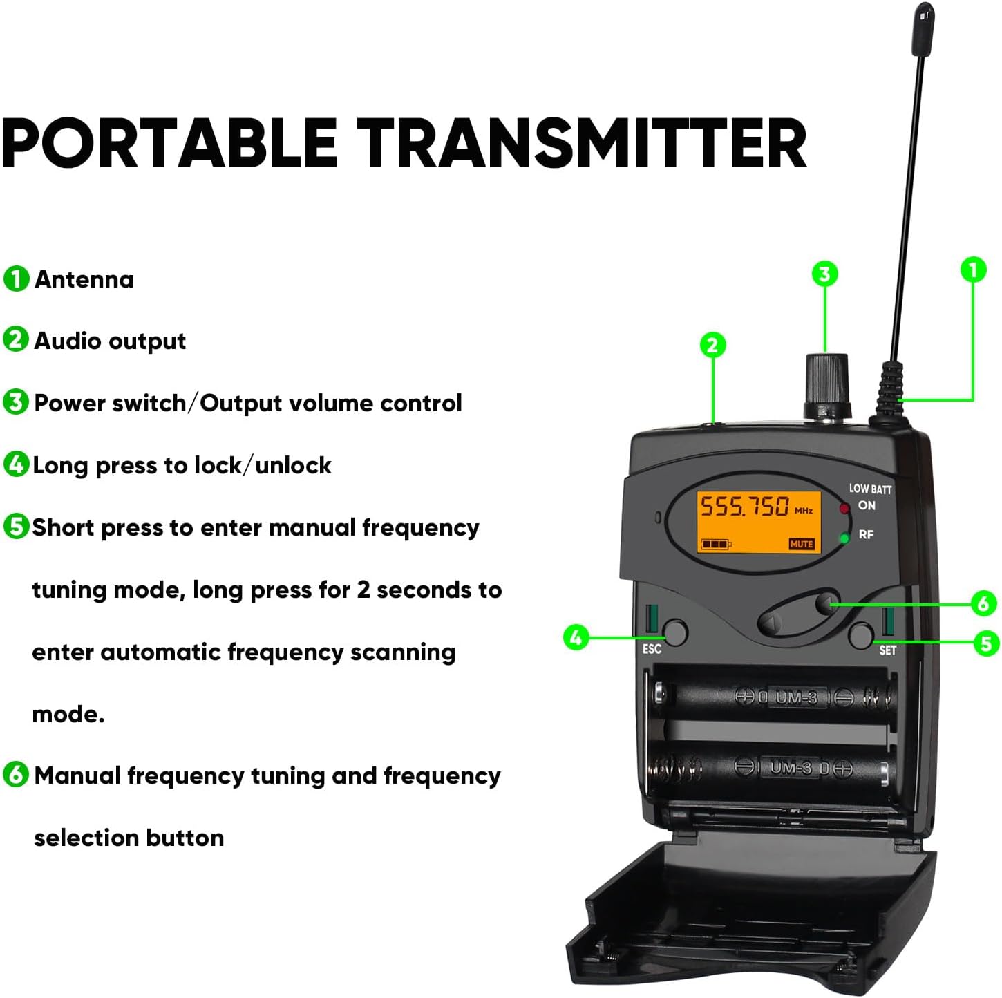 Wireless in Ear Monitor System, PRO UHF IEM System Mono with Metal Rack Mountable Transmitter, 1 Bodypack Receiver with Earphone, 100 Adjustable Frequencies, 262ft Operation for Singers Bands