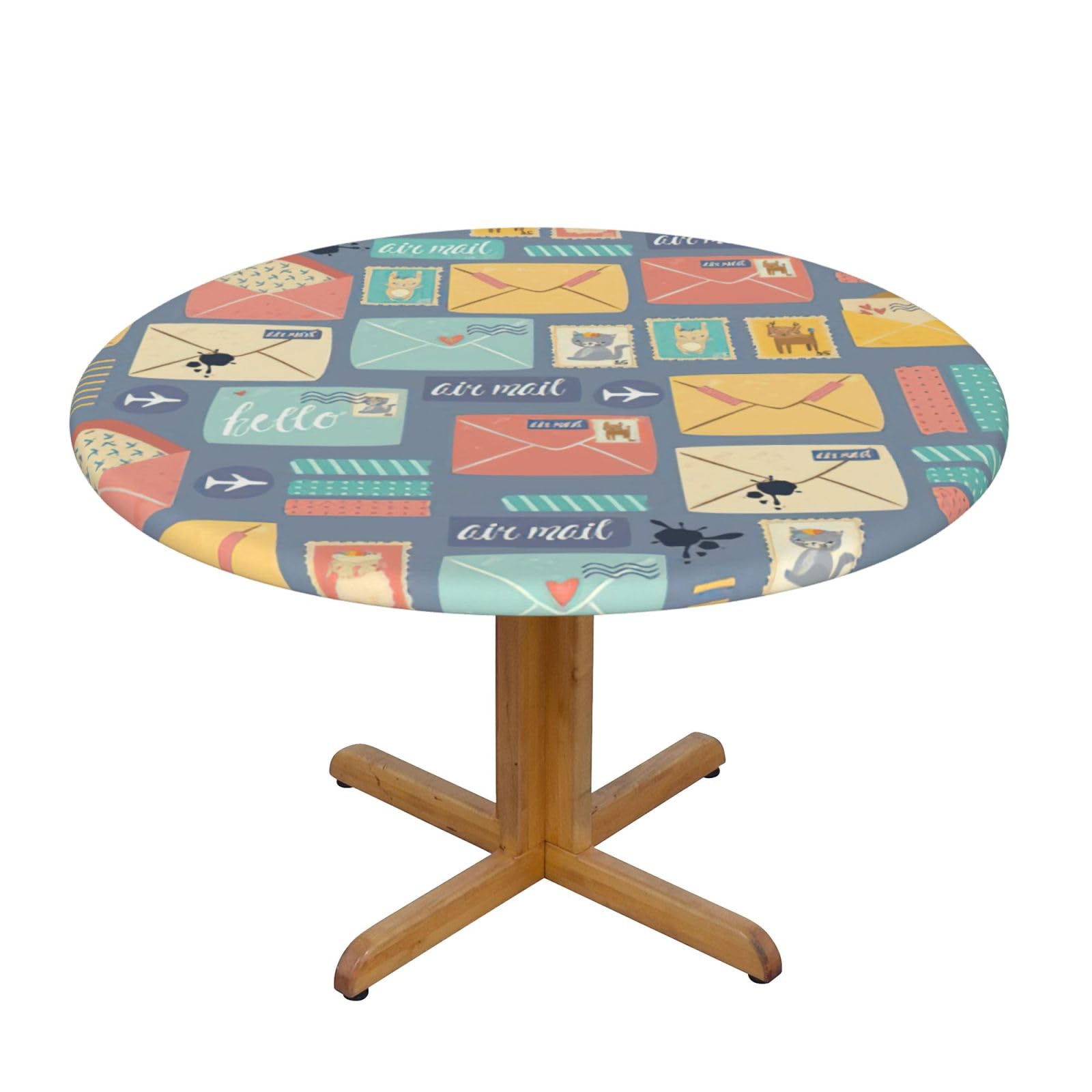 DUWAA Postal Stationery Print Oxford Fitted Table Cover For Patio Picnic, Waterproof Round Tablecloth For Home And Outdoor