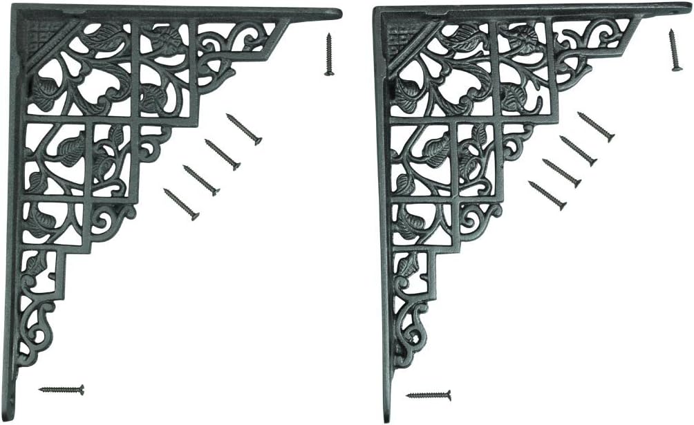 Renovators Supply Manufacturing Floating Shelf Brackets Pair 7 In. X 8-3/4 In. Black Aluminum Floral Design Brackets For Shelves With Mounting Hardware
