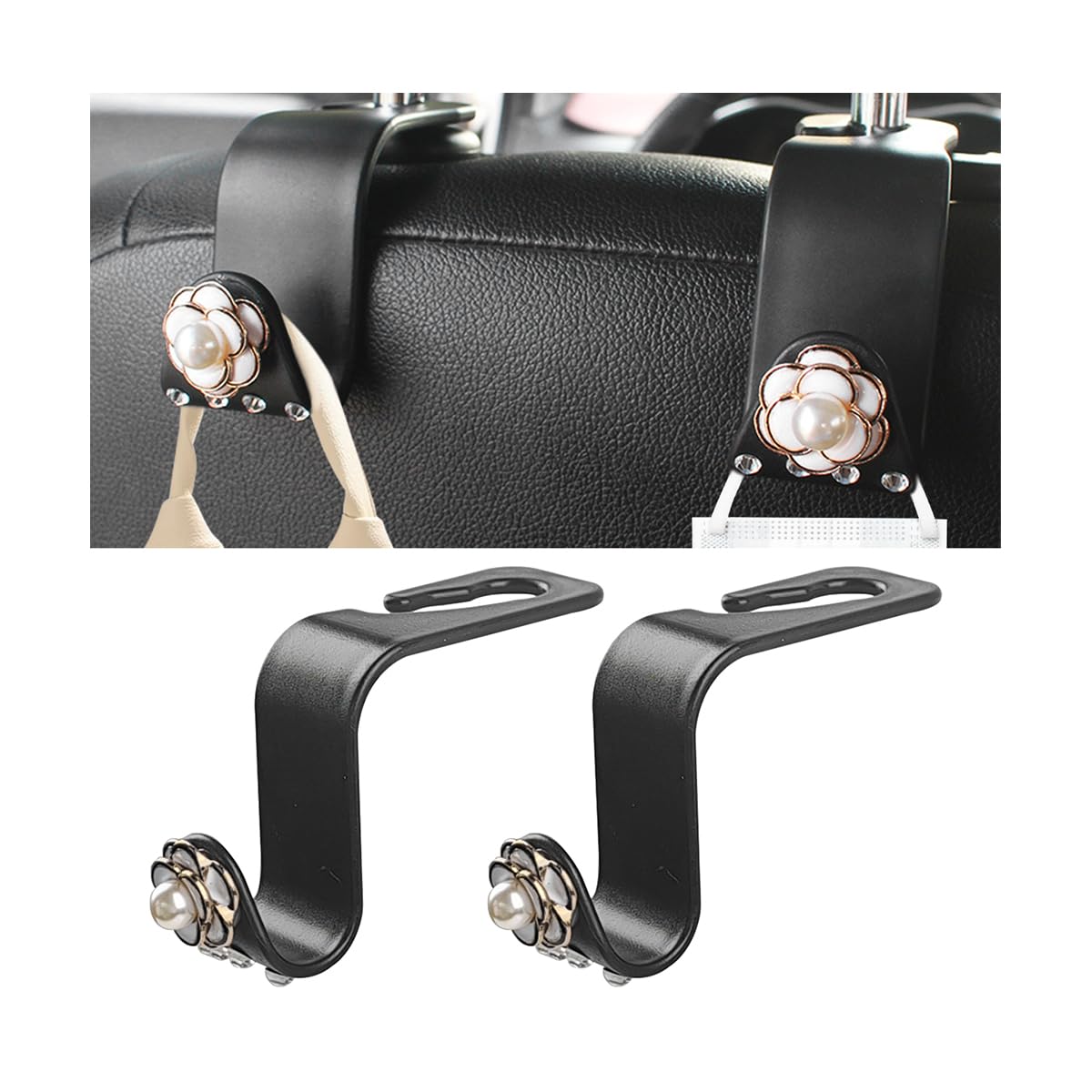 Bittwee Bling Car Seat Headrest Hook, 2PCS Crystal Rhinestone Vehicle Purse Bags Holder, Diamond Automotive Interior Backseat Storage Hanger Accessories, Universal for SUV, Sedan, Truck (White)