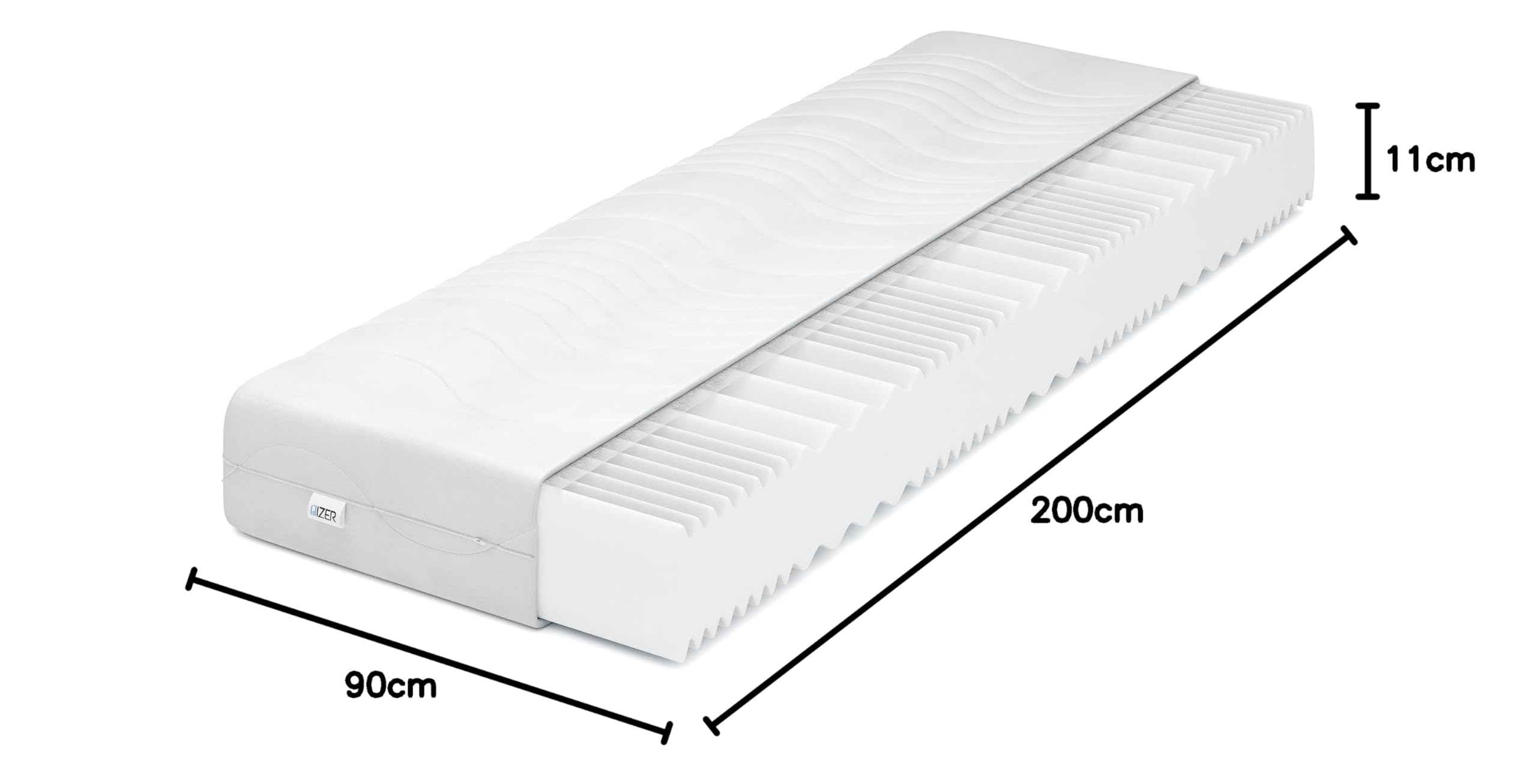 IZER Wave materac z zimnej pianki, stopień twardości H3, 90 x 200, 11 cm, ortopedyczny materac, 7-strefowy pokrowiec na materac z zamkiem błyskawicznym