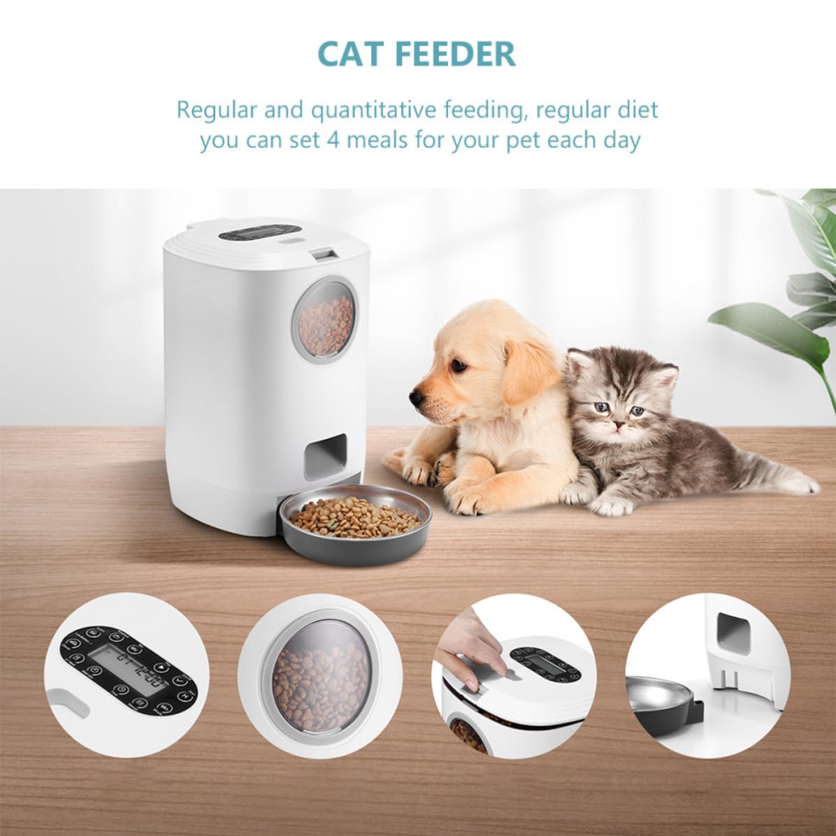 jojofuny Comedero Automático para Mascotas, Alimentador Automático de Alimentos Voz Inteligente, 4.5l, Blanco, Abs, Acero Inoxidable y Pc, para Perros y Gatos, Alimentación de Mascotas