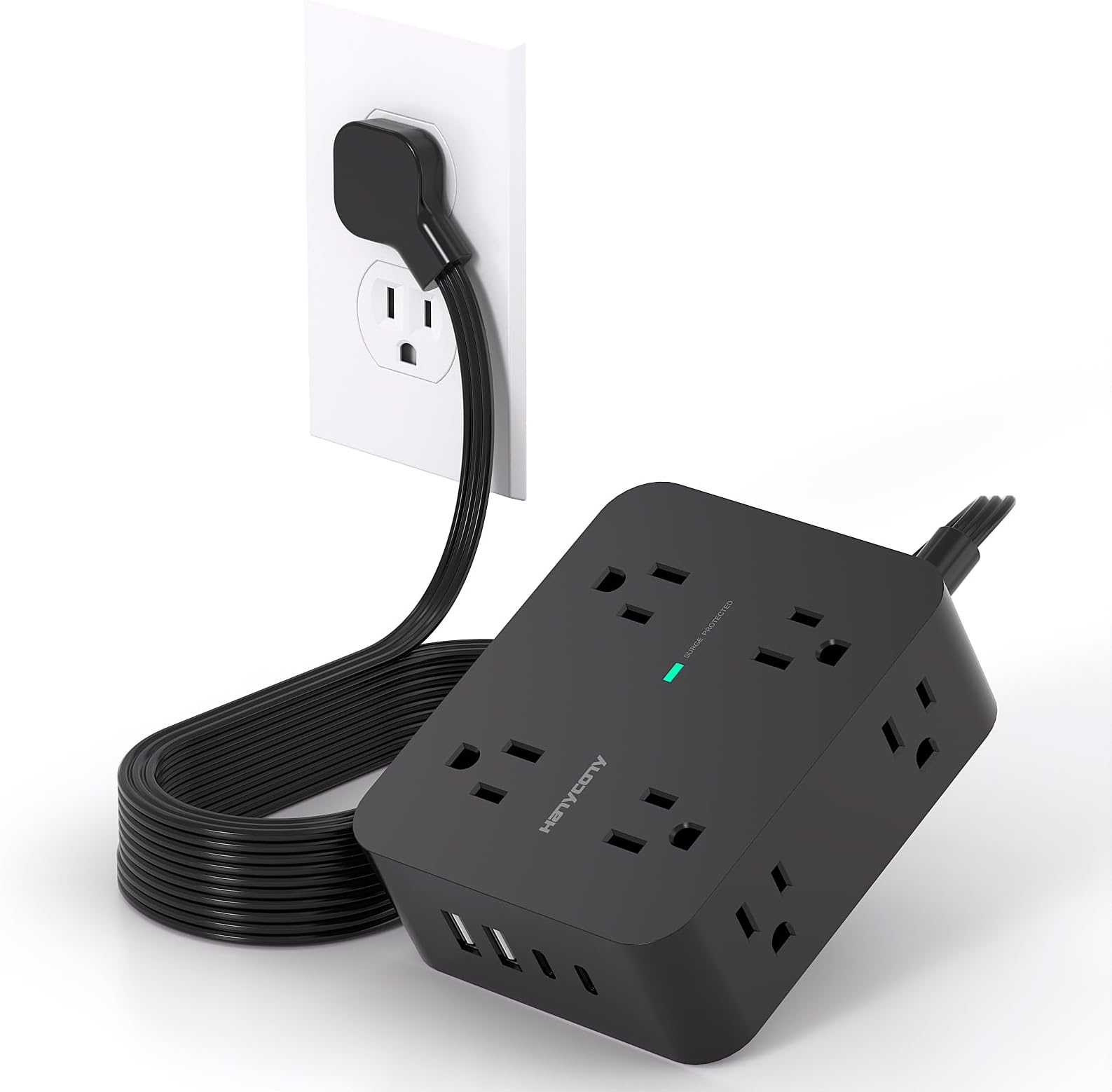 10ft Power Strip Long Cord Surge Protector with Flat Plug, 8 Outlets, 4 USB Charging Stations (2 USB C), Wall Multi Plug Extender for