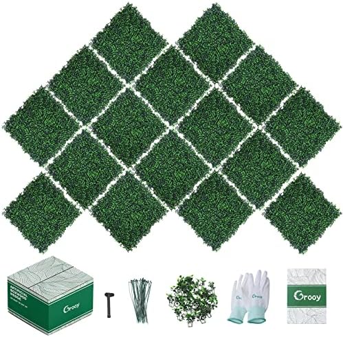 GROOY 16PCS Boxwood Panels, 10"x10" Grass Wall, Plant Wall, Grass Backdrop Wall, Privacy Screen, Sun Protected Green Wall Decor Outdoor, Indoor, Garden, Backyard and Décor