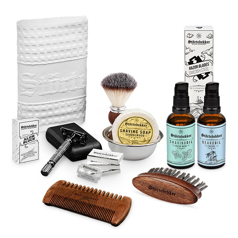 Juego de maquinilla de afeitar clásica - incl. brocha, jabón, bol, aceite de afeitar, cuchillas de afeitar, paño de afeitar, piedra de alumbre, aceite de barba, peine y cepillo para barba