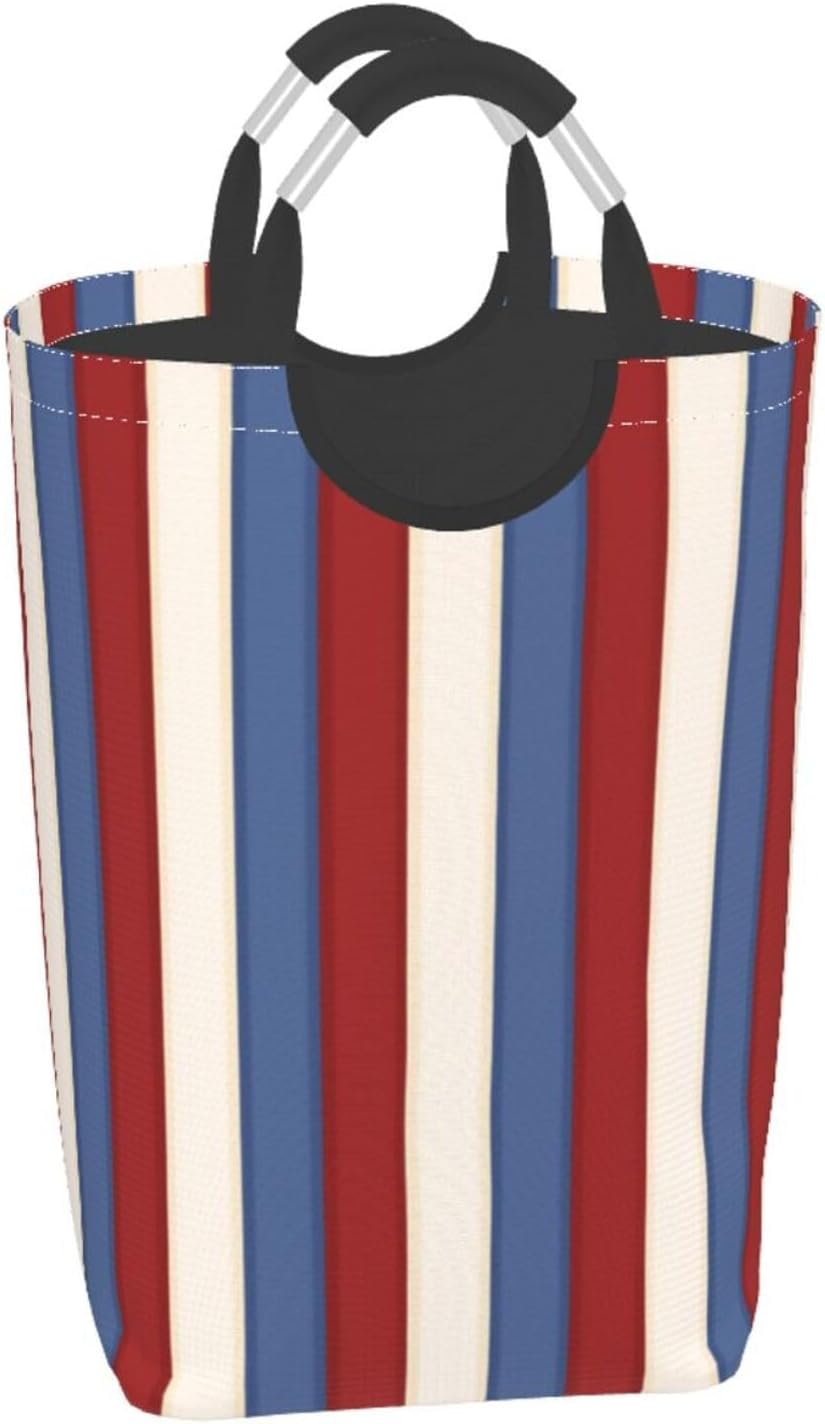 Large Laundry Basket, Red, White & Blue Stripes Laundry Hamper Bag Collapsible Washing Bin With Handles for College Dorm, Family Essentials Storage