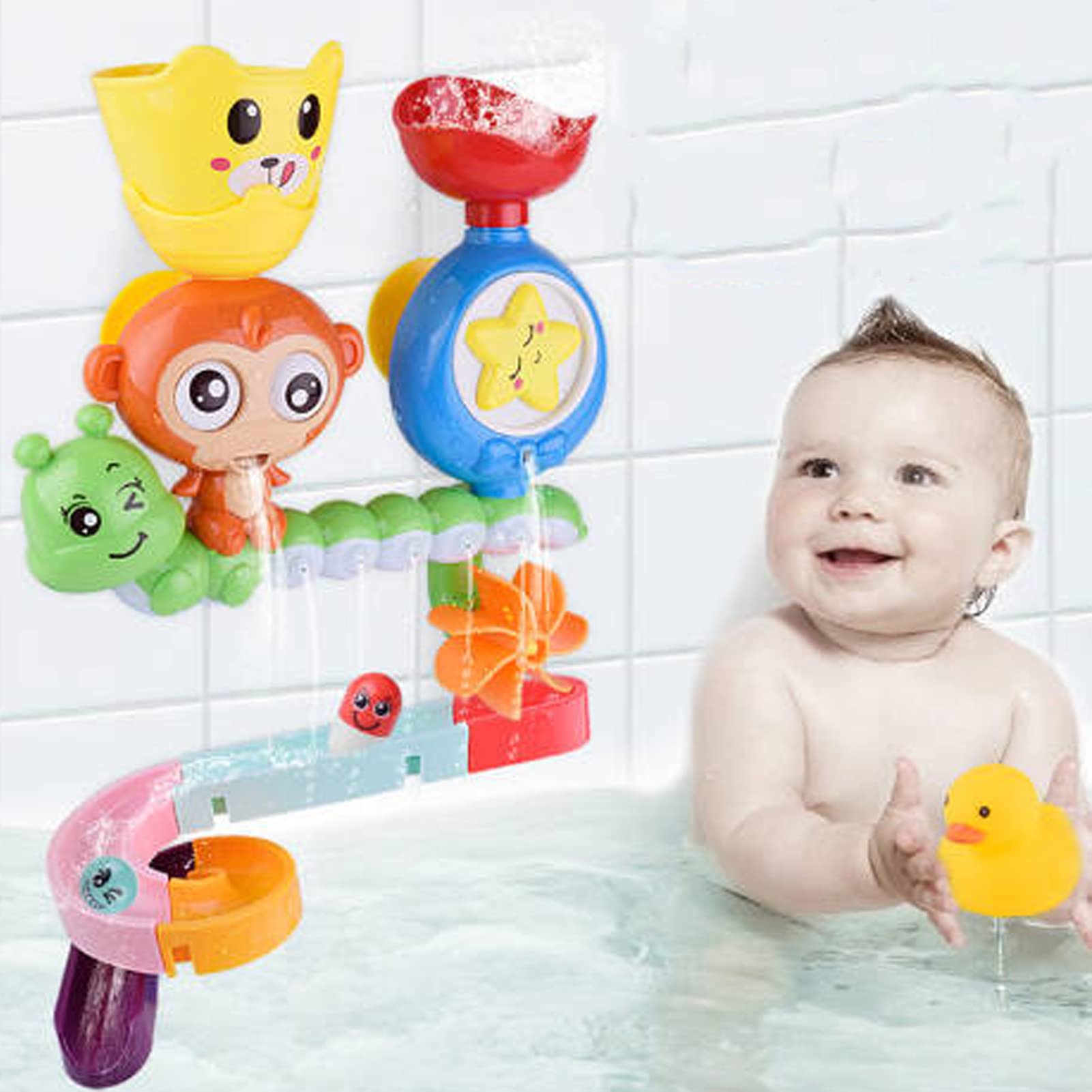 MEBEGIN Baby Bath Toy for Toddlers, Baby Bathtub Water Toys, Interactive Multicolored Infant Toy, Bath Toys Water Balls Tracks for Wall Bathtub Toy Slide for Toddlers, DIY Set Shower Gift