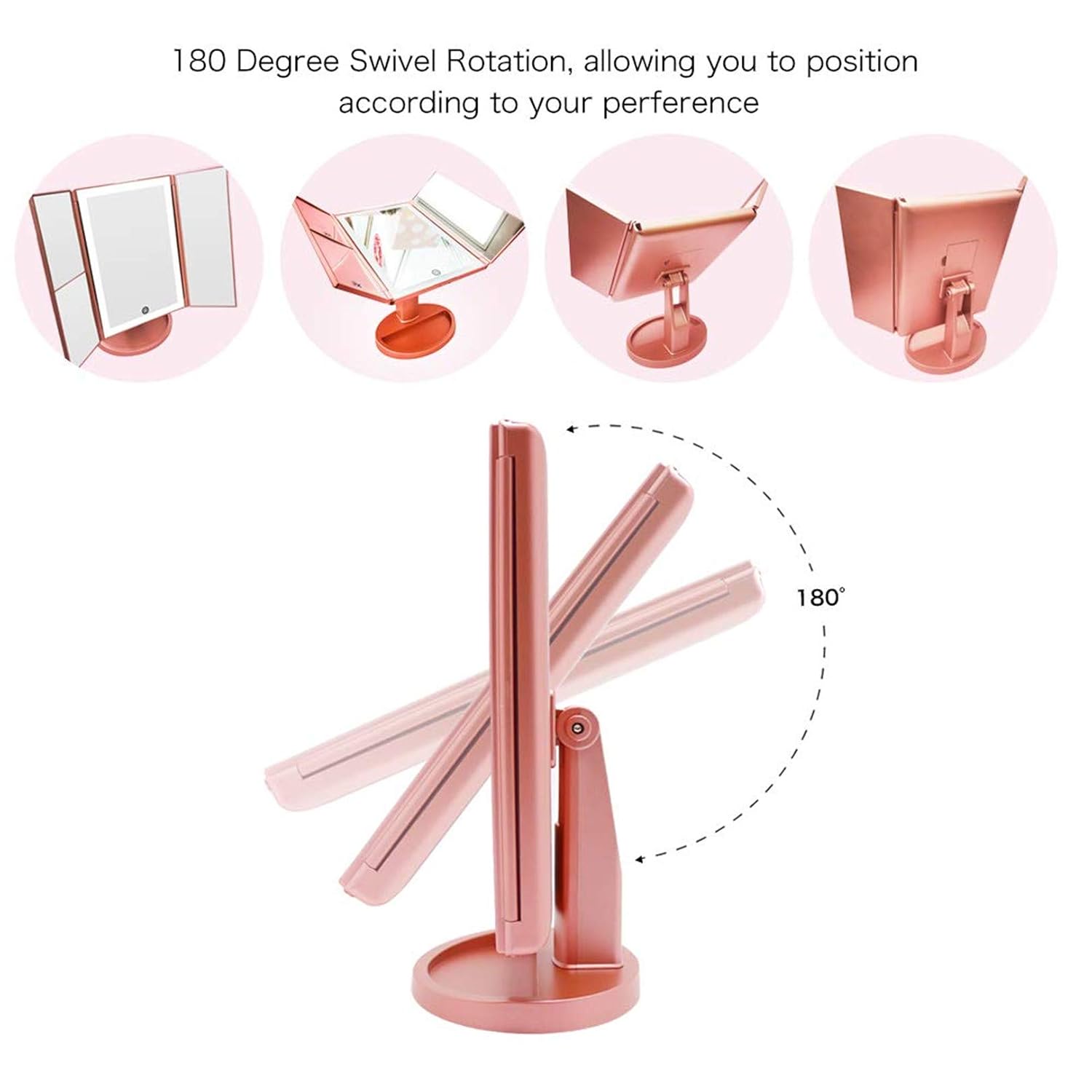 FASCINATE Trifold Lighted Makeup Mirror 3 Color Lighting 72 LEDs Makeup Vanity Mirror with 10X/3X/2X/1X Magnification, Cord & Cordless, 180° Rotation Portable High-Definition Cosmetic Mirror Rose Gold