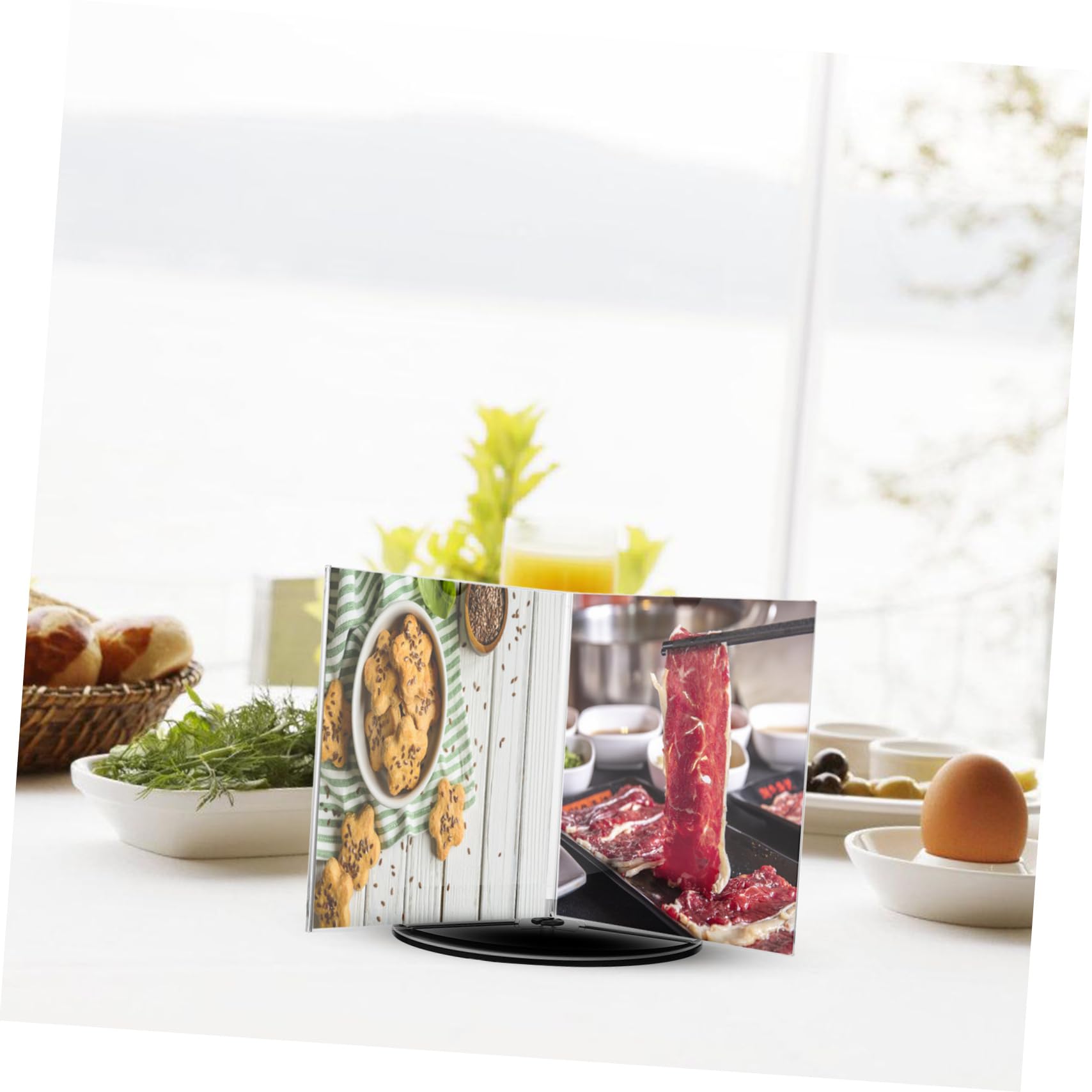 Lurrose Soporte para Menús Acrílico A5 con Base Giratoria, Portamenús Multilateral Elegante y Fácil de Instalar para Restaurantes y Banquetes