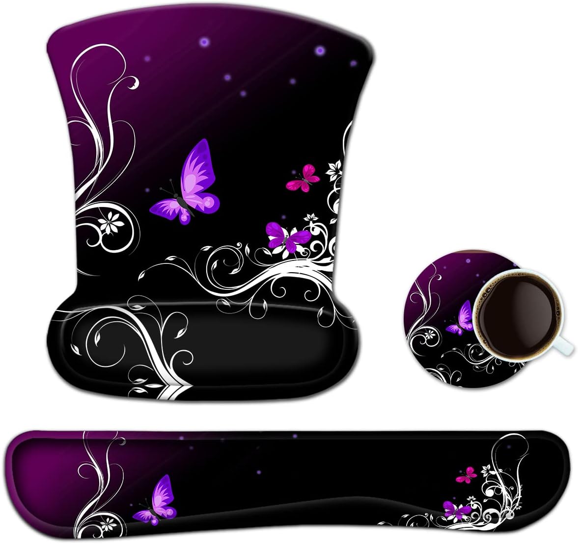 ToLuLu Keyboard Wrist Rest Pad Ergonomic Mouse Pad Set, Mouse Pad for Computer Laptop, Non Slip Mousepad Keyboard Wrist Support with Raised Memory Foam for Easy Typing Pain Relief, Purple Butterfly