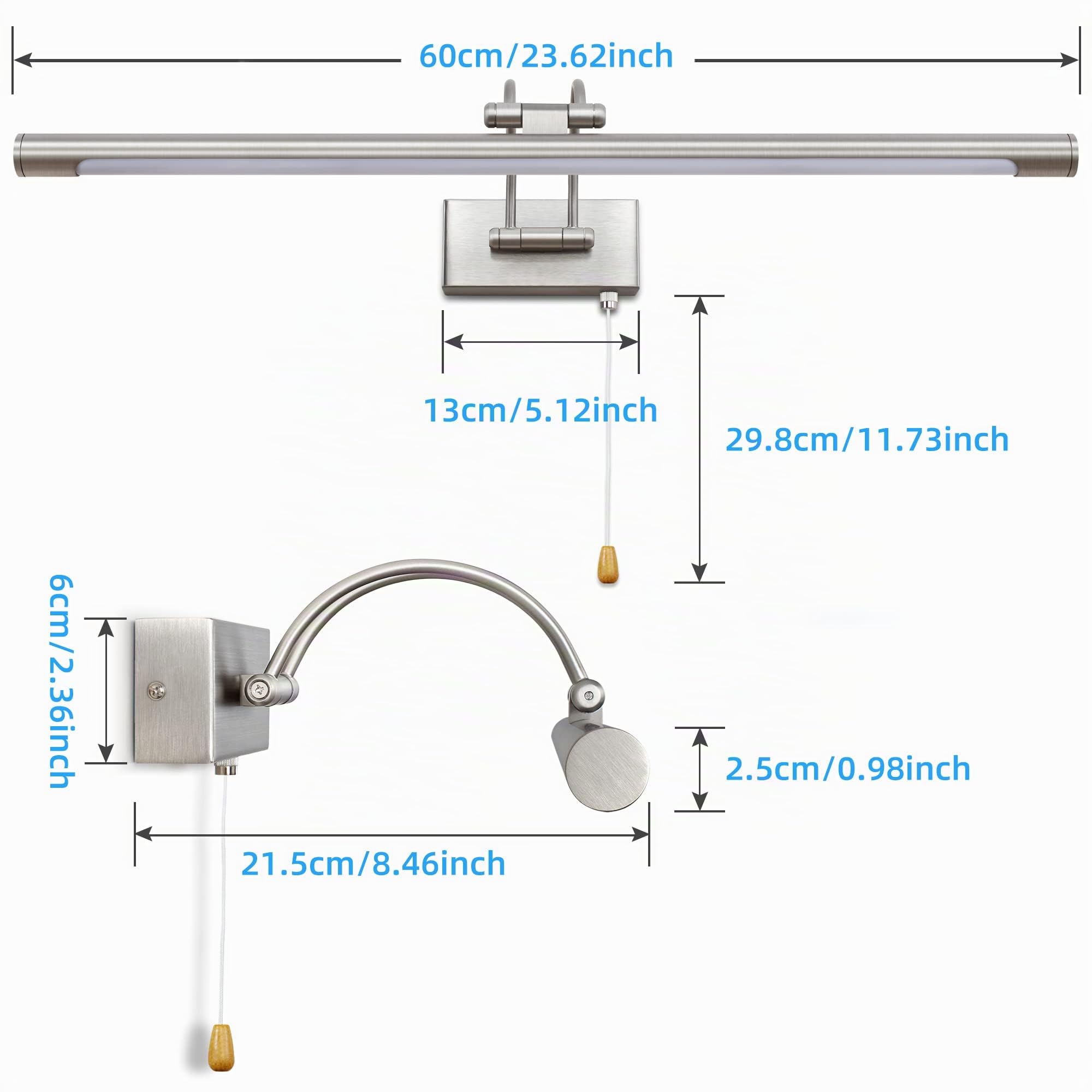 Applique Murale LED Miroir Salle de Bain 60 cm 12 W 3000K Nickel Interrupteur Bras Réglable IP44 Pour Tableaux et Vitrines Lampe de Lecture