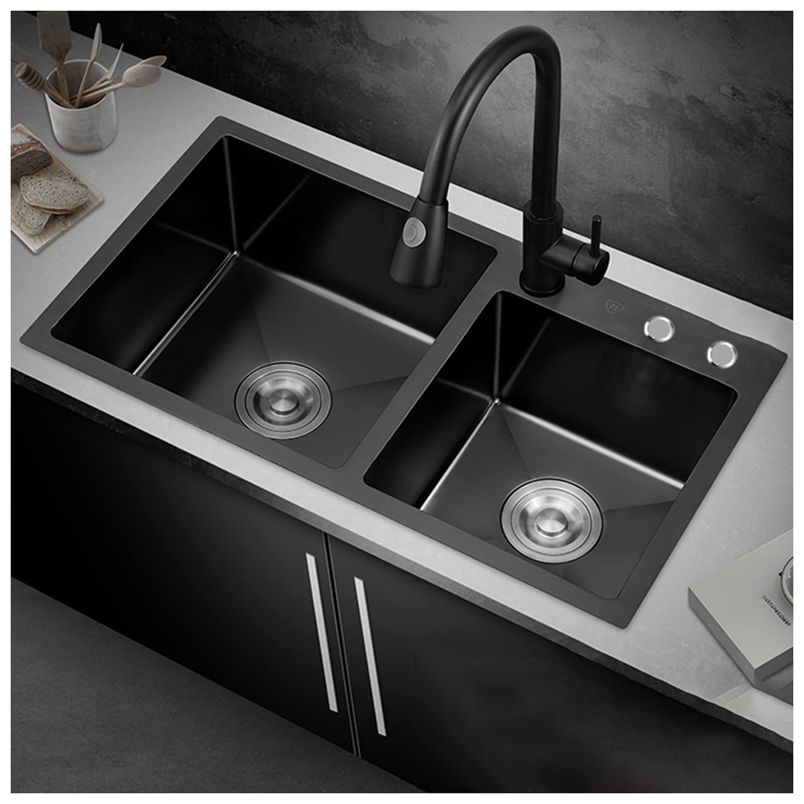ZQFHSX Black Nano Double Bowl Kitchen Sink 304 Stainless Steel Bar Square RV With Faucet & Drain Top Mount Or Undermount (Color : Black-c, Size 80x45x22cm)