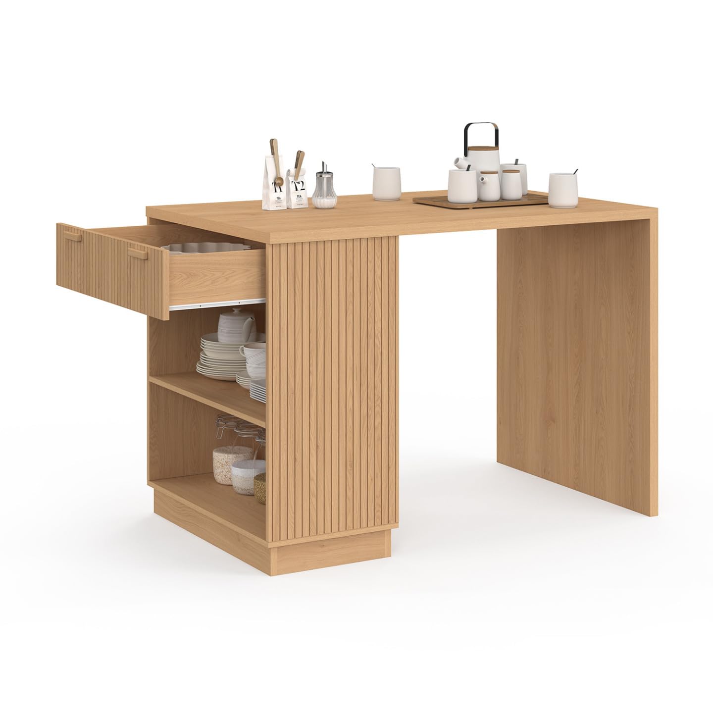 IDMarket - Ilot Central Mange-Debout 4 Personnes Juliette 130 cm Lattes tasseau Bois Coloris chêne